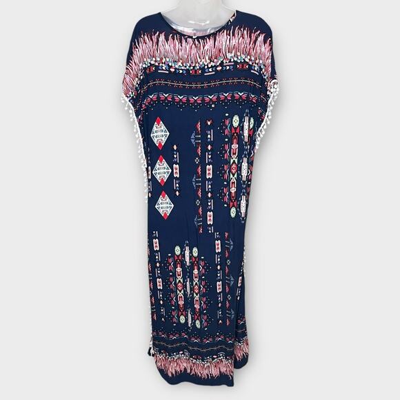 VINTAGE CATO navy multi tribal Aztec boho kaftan swim coverup size Medium/Large - Picture 3 of 6